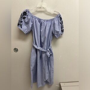 WHO WHAT WEAR Embroidered Striped Blue Dress